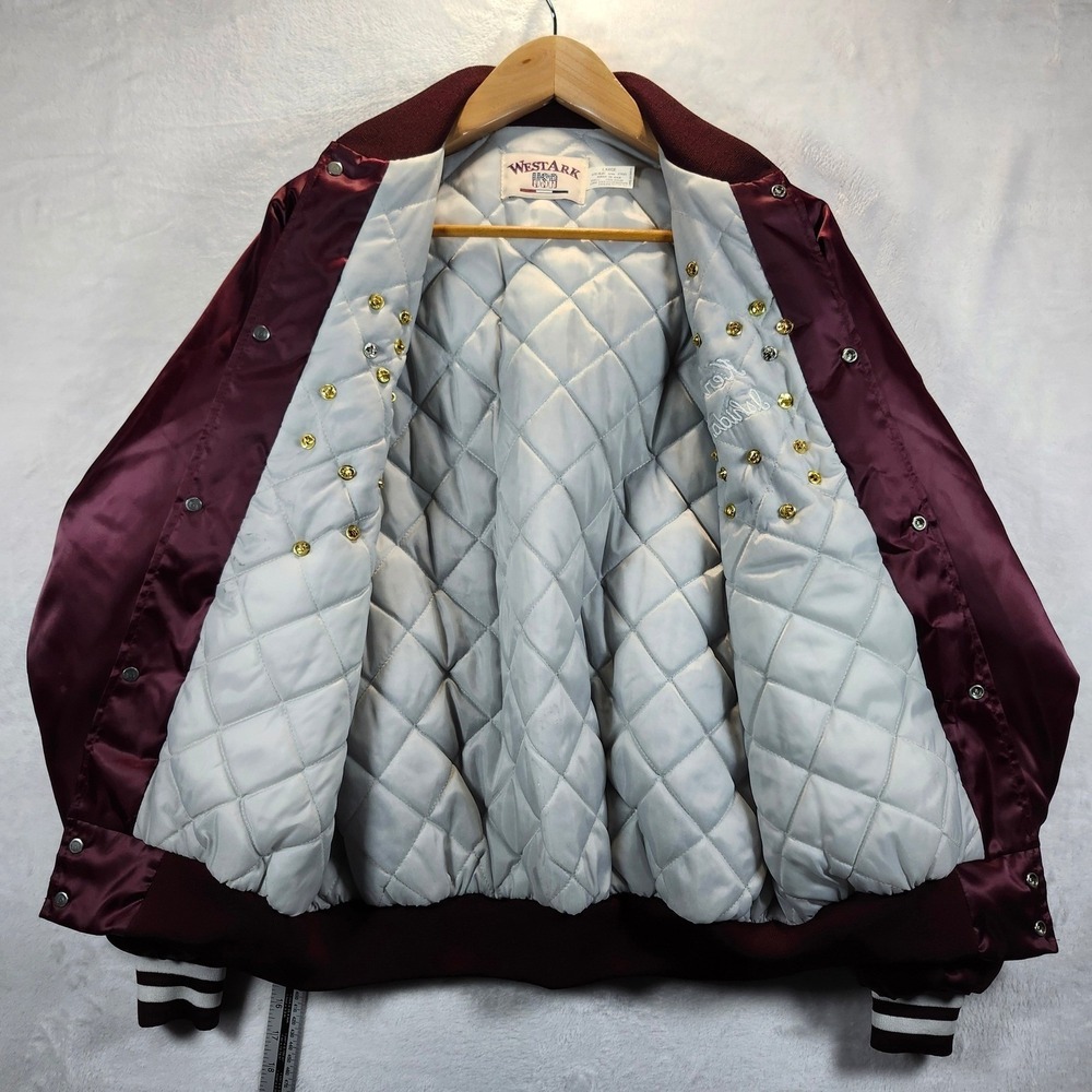 VINTAGE 80's Westark USA Burgundy Satin Bomber Jacket Bowling Pins Pins Large - Picture 5 of 9
